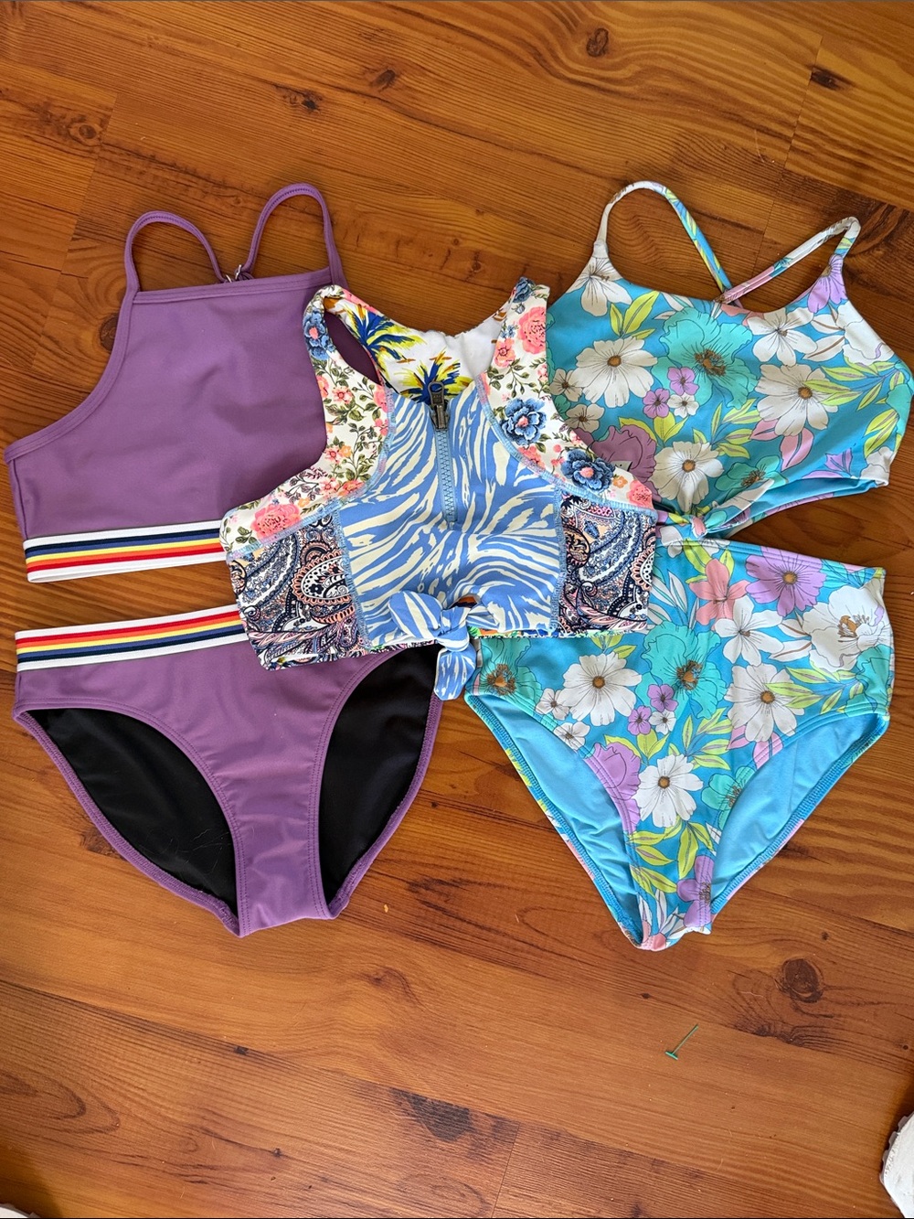 Zella Girls' Purple and Blue Floral Mixed-Print Swim Bikini Set